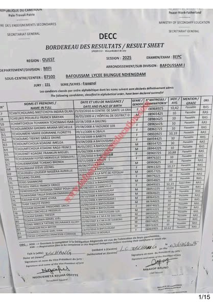 BEPC 2025 Sous-centre du Lycée Bilingue de Ndiengdam Bafoussam 14 BEPC 2025 Sous-centre du Lycée Bilingue de Ndiengdam Bafoussam