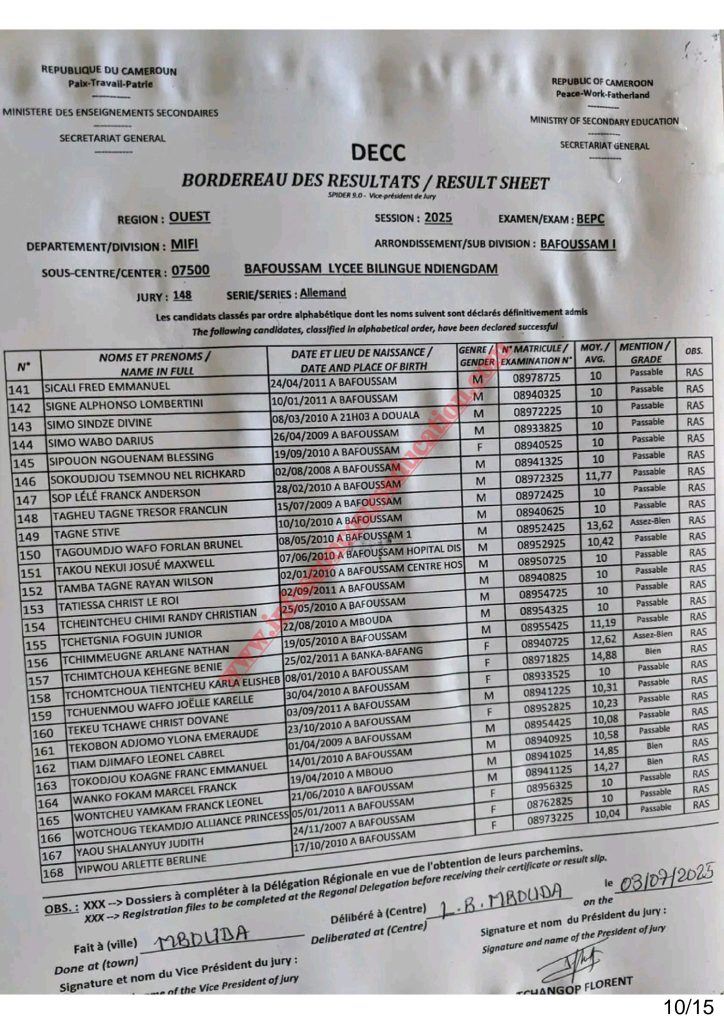BEPC 2025 Sous-centre du Lycée Bilingue de Ndiengdam Bafoussam 5 BEPC 2025 Sous-centre du Lycée Bilingue de Ndiengdam Bafoussam