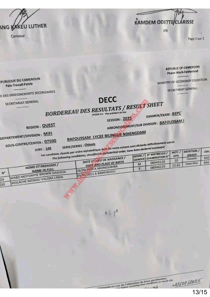 BEPC 2025 Sous-centre du Lycée Bilingue de Ndiengdam Bafoussam 2 BEPC 2025 Sous-centre du Lycée Bilingue de Ndiengdam Bafoussam