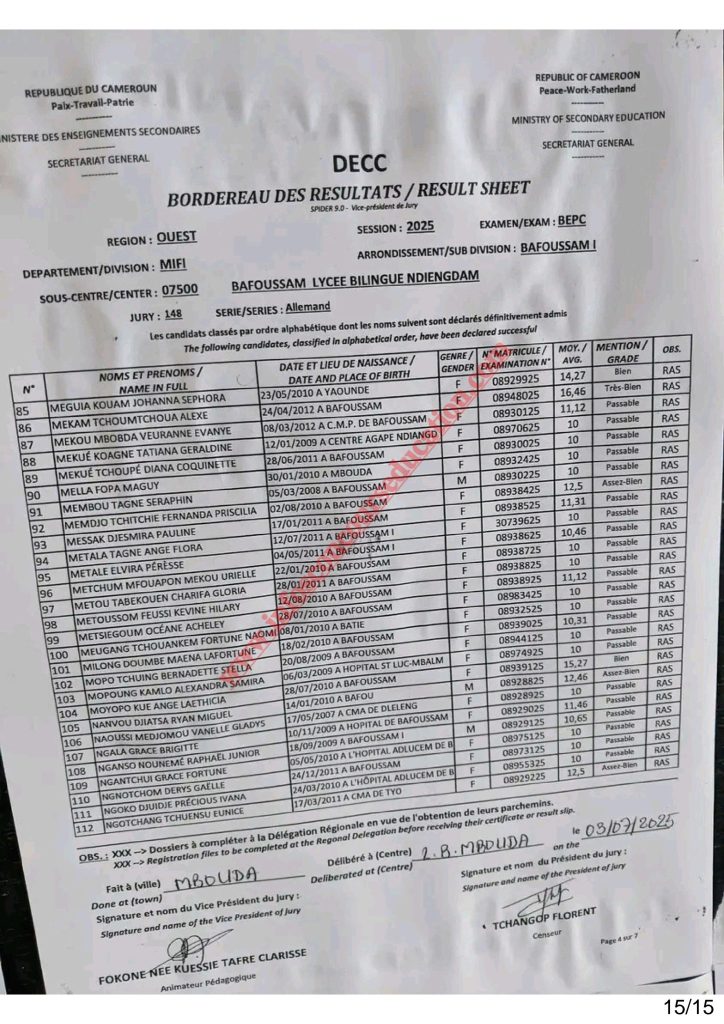 BEPC 2025 Sous-centre du Lycée Bilingue de Ndiengdam Bafoussam 15 BEPC 2025 Sous-centre du Lycée Bilingue de Ndiengdam Bafoussam