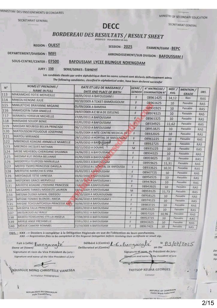 BEPC 2025 Sous-centre du Lycée Bilingue de Ndiengdam Bafoussam 13 BEPC 2025 Sous-centre du Lycée Bilingue de Ndiengdam Bafoussam