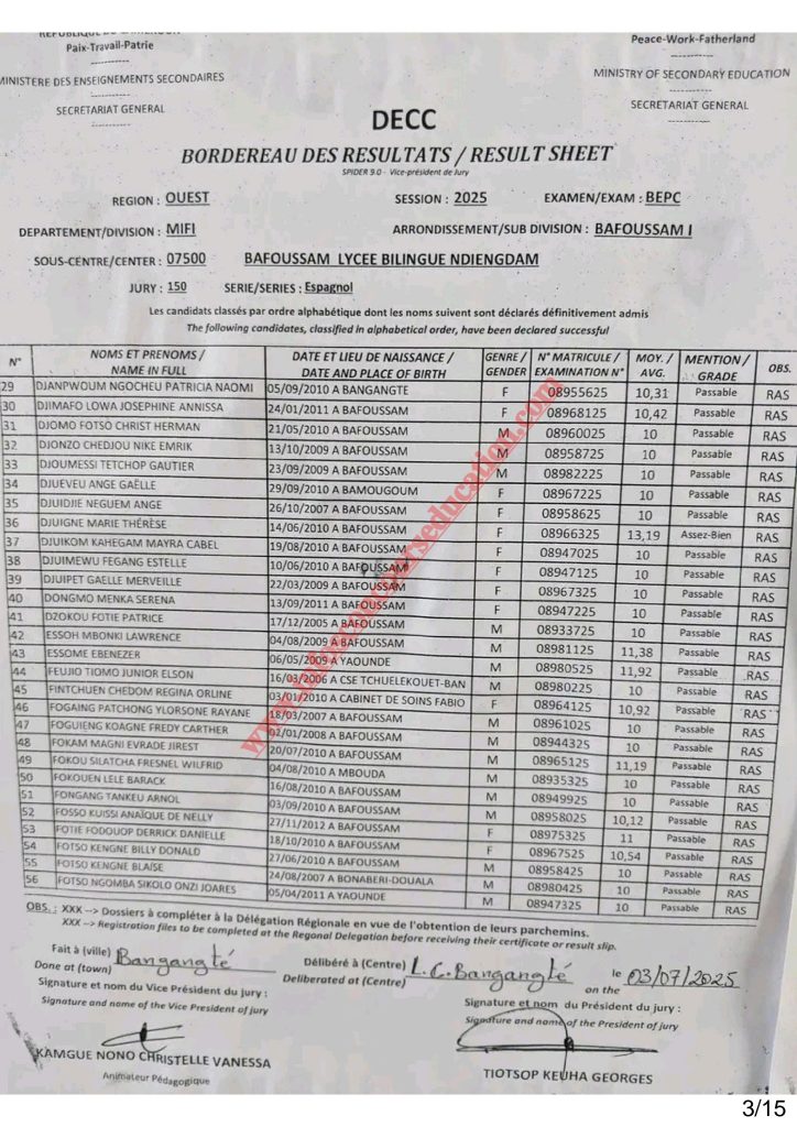 BEPC 2025 Sous-centre du Lycée Bilingue de Ndiengdam Bafoussam 12 BEPC 2025 Sous-centre du Lycée Bilingue de Ndiengdam Bafoussam