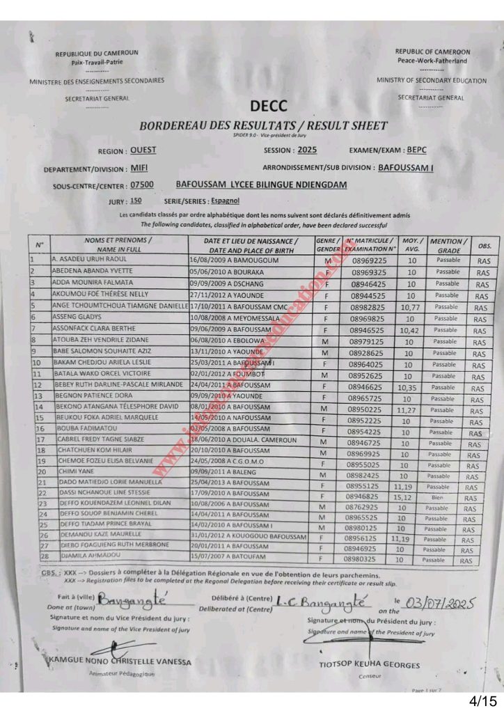 BEPC 2025 Sous-centre du Lycée Bilingue de Ndiengdam Bafoussam 11 BEPC 2025 Sous-centre du Lycée Bilingue de Ndiengdam Bafoussam