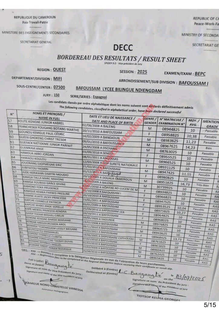 BEPC 2025 Sous-centre du Lycée Bilingue de Ndiengdam Bafoussam 10 BEPC 2025 Sous-centre du Lycée Bilingue de Ndiengdam Bafoussam