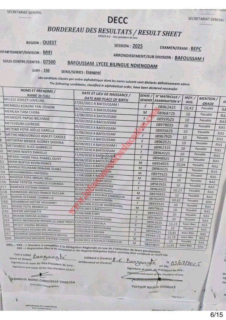 BEPC 2025 Sous-centre du Lycée Bilingue de Ndiengdam Bafoussam 9 BEPC 2025 Sous-centre du Lycée Bilingue de Ndiengdam Bafoussam