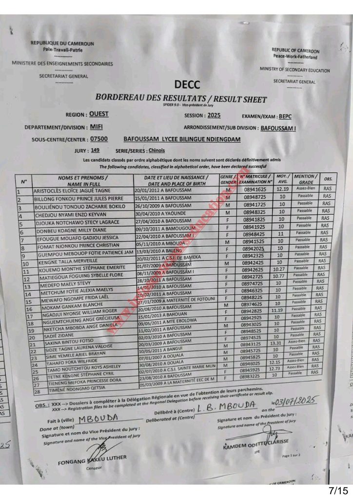 BEPC 2025 Sous-centre du Lycée Bilingue de Ndiengdam Bafoussam 8 BEPC 2025 Sous-centre du Lycée Bilingue de Ndiengdam Bafoussam