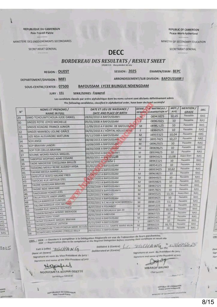 BEPC 2025 Sous-centre du Lycée Bilingue de Ndiengdam Bafoussam 7 BEPC 2025 Sous-centre du Lycée Bilingue de Ndiengdam Bafoussam