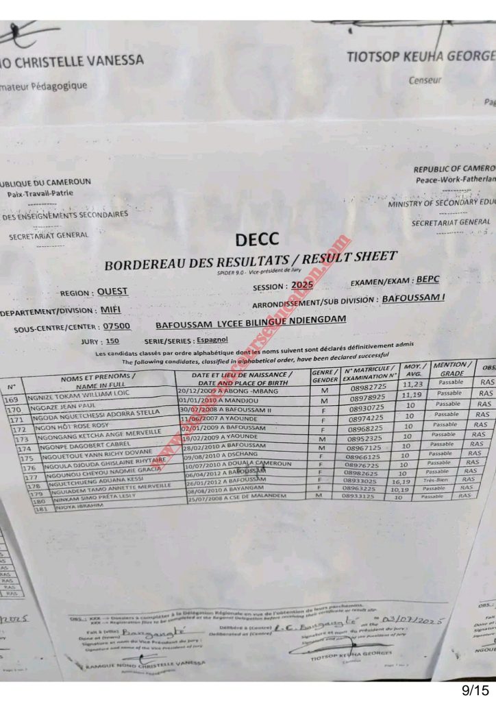BEPC 2025 Sous-centre du Lycée Bilingue de Ndiengdam Bafoussam 6 BEPC 2025 Sous-centre du Lycée Bilingue de Ndiengdam Bafoussam