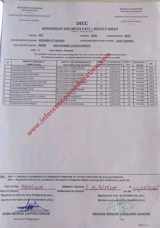 Résultats BEPC 2025 lycée bilingue de GARI-GOMBO 3 Résultats BEPC 2025 lycée bilingue de GARI-GOMBO