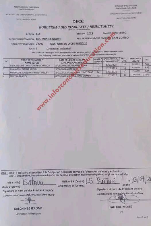 Résultats BEPC 2025 lycée bilingue de GARI-GOMBO 2 Résultats BEPC 2025 lycée bilingue de GARI-GOMBO