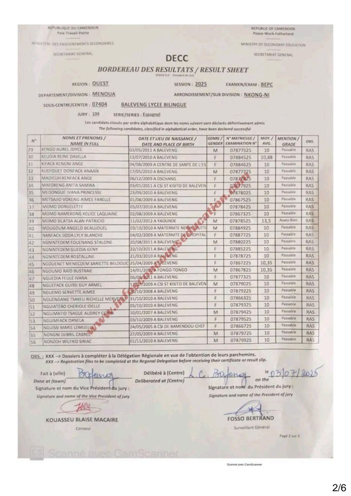 Résultats BEPC 2025. Lycée bilingue de Baleveng