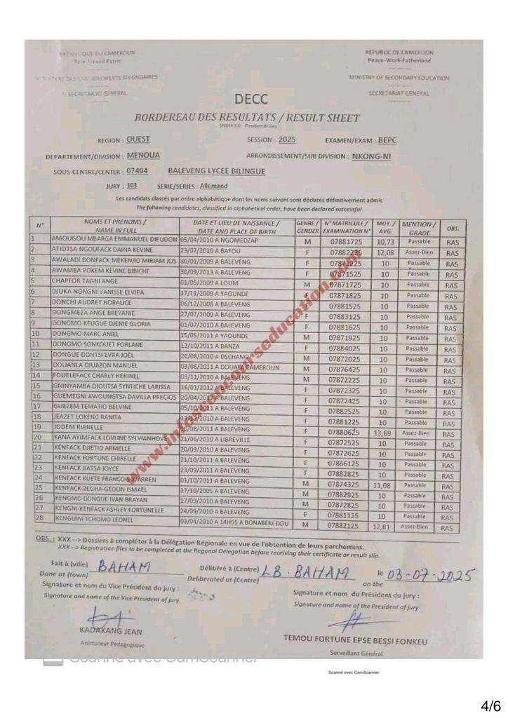 Résultats BEPC 2025. Lycée bilingue de Baleveng