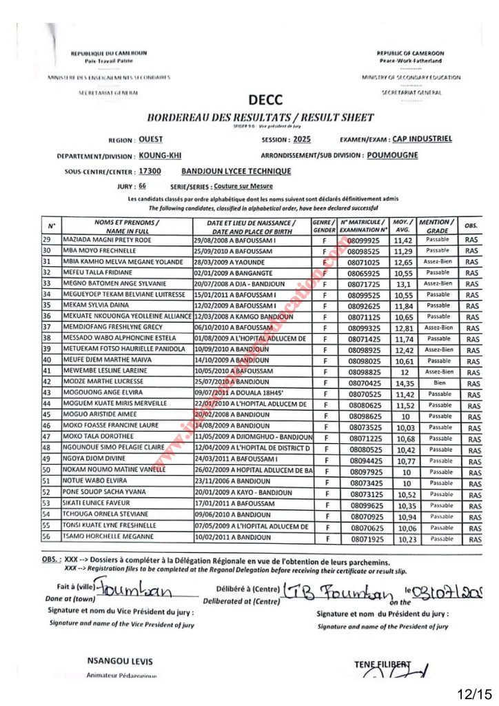 RÉSULTATS CAP INDUSTRIEL 2025 Sous-centre du Lycée Technique de Bandjoun