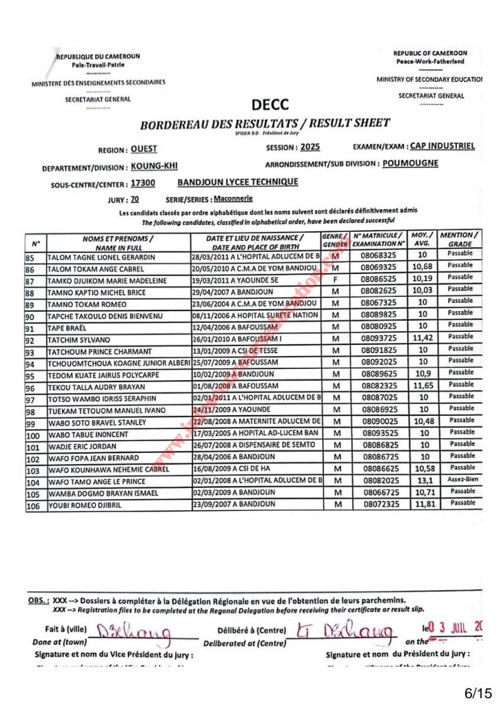 RÉSULTATS CAP INDUSTRIEL 2025 Sous-centre du Lycée Technique de Bandjoun