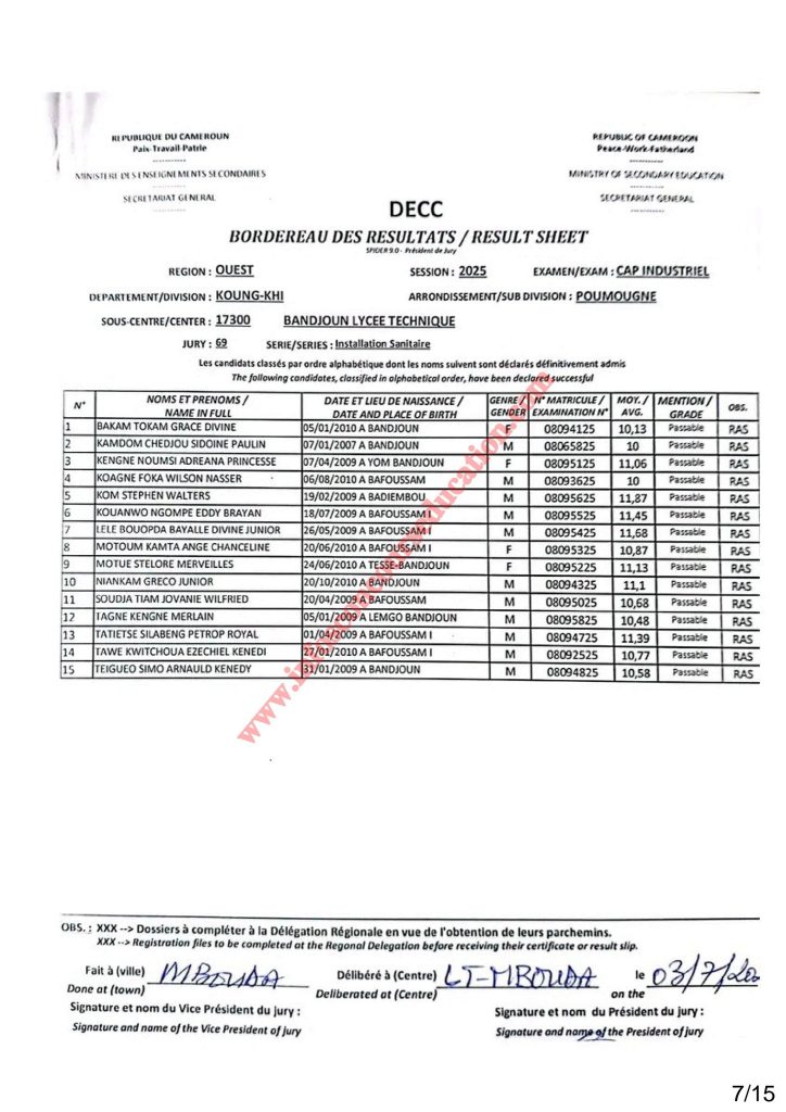 RÉSULTATS CAP INDUSTRIEL 2025 Sous-centre du Lycée Technique de Bandjoun
