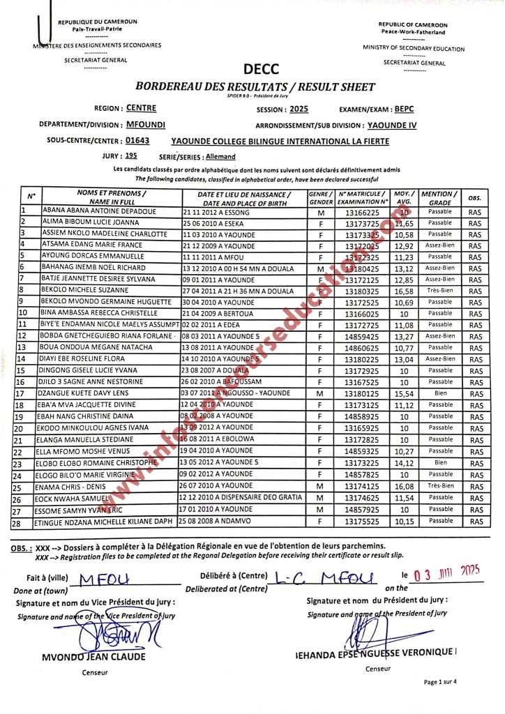 Résultat BEPC 2025 Yaoundé Collège bilingue international la Fierté.
