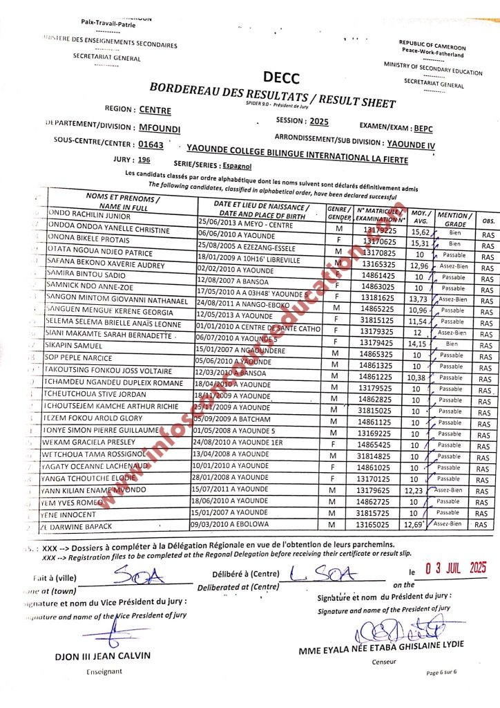 Résultat BEPC 2025 Yaoundé Collège bilingue international la Fierté.