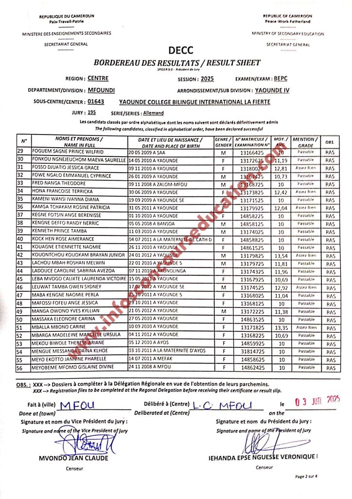 Résultat BEPC 2025 Yaoundé Collège bilingue international la Fierté.