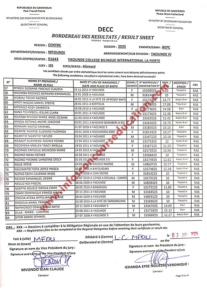 Résultat BEPC 2025 Yaoundé Collège bilingue international la Fierté.
