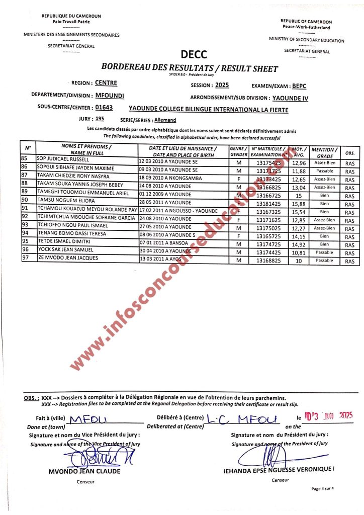 Résultat BEPC 2025 Yaoundé Collège bilingue international la Fierté.