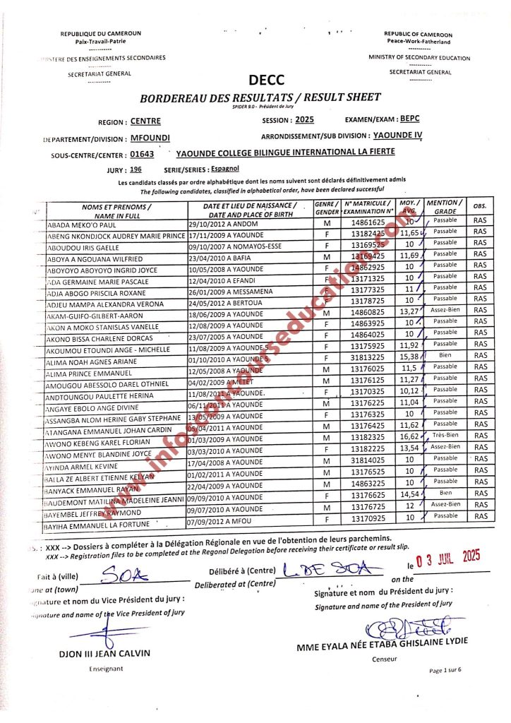 Résultat BEPC 2025 Yaoundé Collège bilingue international la Fierté.