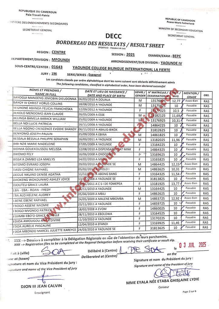 Résultat BEPC 2025 Yaoundé Collège bilingue international la Fierté.