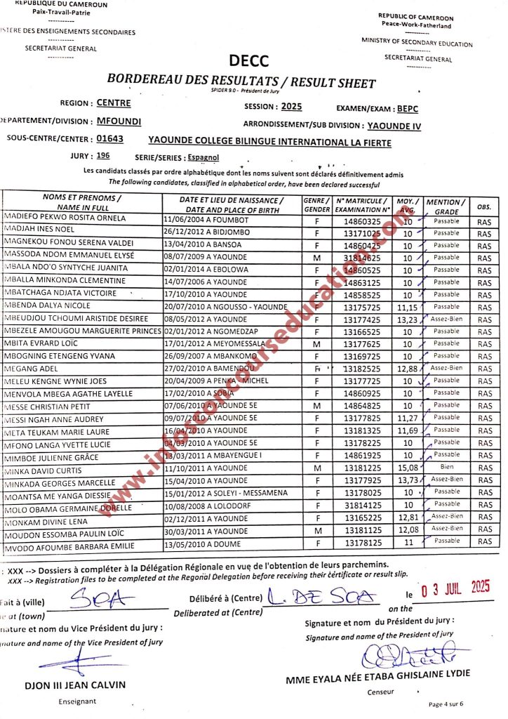 Résultat BEPC 2025 Yaoundé Collège bilingue international la Fierté.