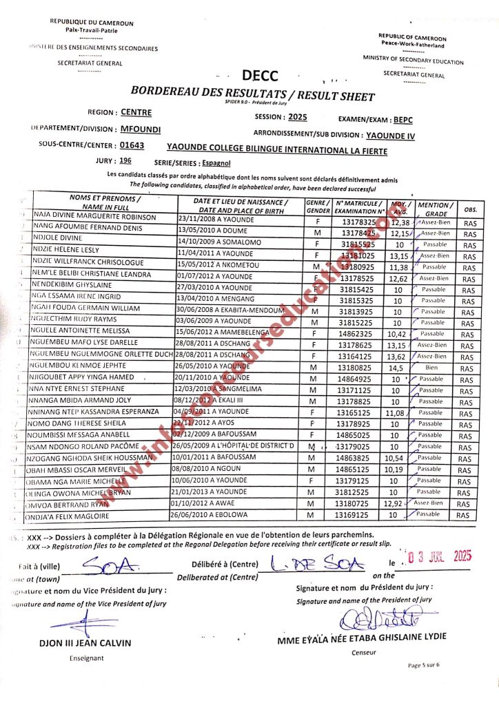 Résultat BEPC 2025 Yaoundé Collège bilingue international la Fierté.