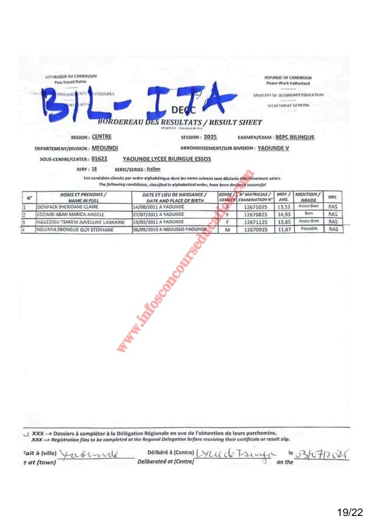 Résultat BEPC 2025 région du centre lycée bilingue d'ESSOS