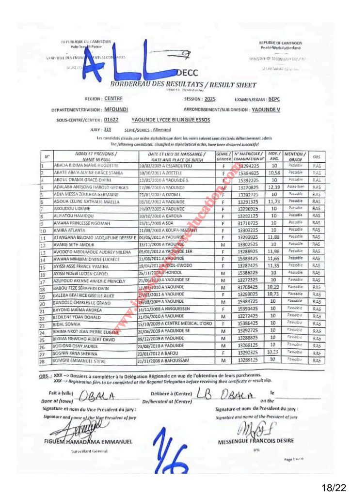 Résultat BEPC 2025 région du centre lycée bilingue d'ESSOS