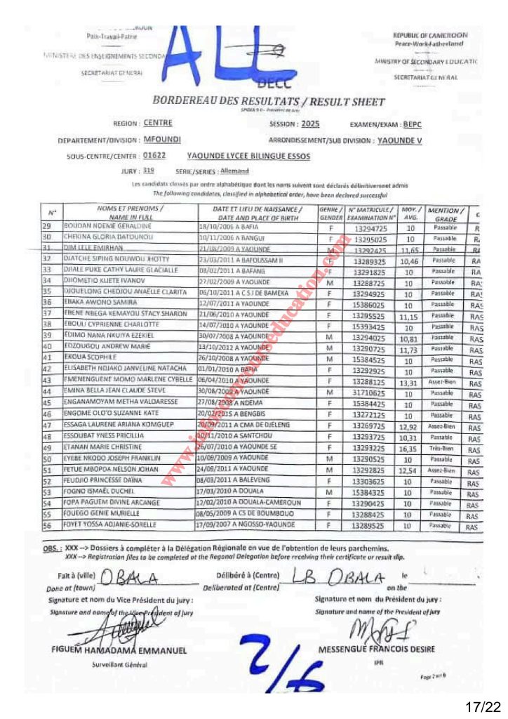 Résultat BEPC 2025 région du centre lycée bilingue d'ESSOS