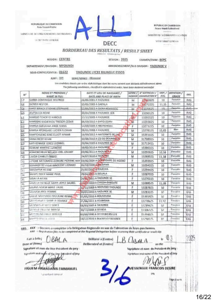 Résultat BEPC 2025 région du centre lycée bilingue d'ESSOS