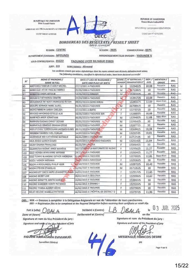 Résultat BEPC 2025 région du centre lycée bilingue d'ESSOS