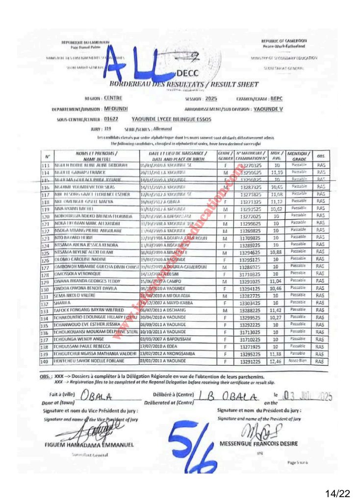 Résultat BEPC 2025 région du centre lycée bilingue d'ESSOS