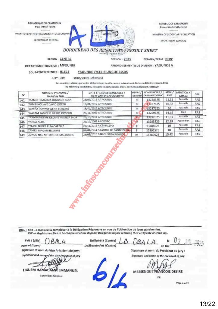 Résultat BEPC 2025 région du centre lycée bilingue d'ESSOS