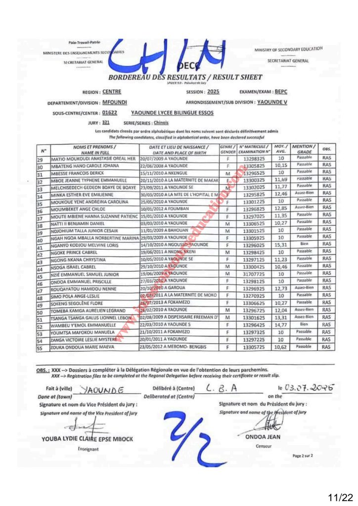 Résultat BEPC 2025 région du centre lycée bilingue d'ESSOS