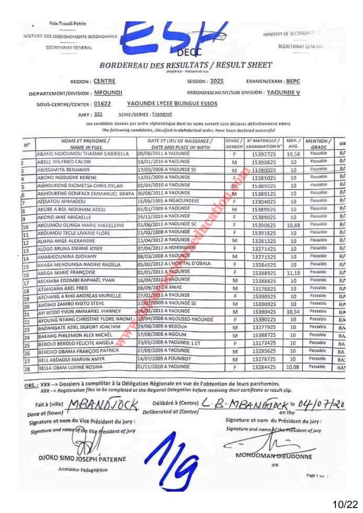 Résultat BEPC 2025 région du centre lycée bilingue d'ESSOS