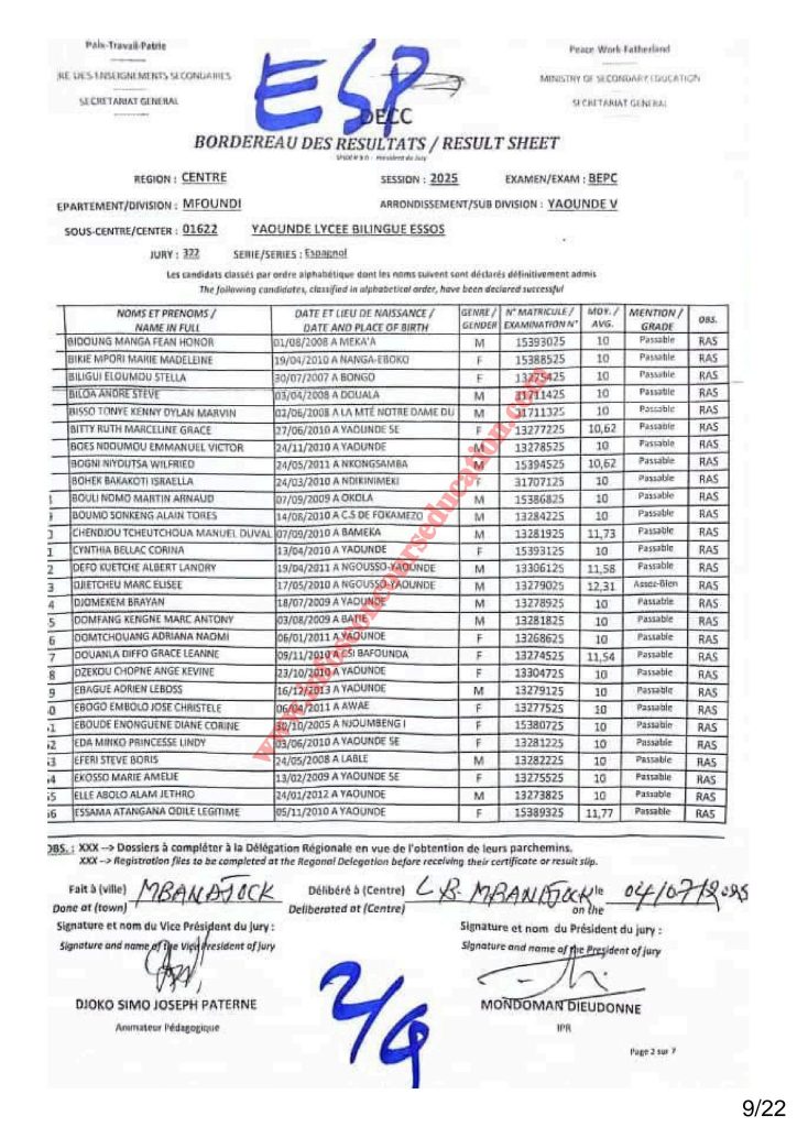 Résultat BEPC 2025 région du centre lycée bilingue d'ESSOS