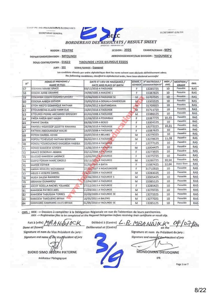Résultat BEPC 2025 région du centre lycée bilingue d'ESSOS