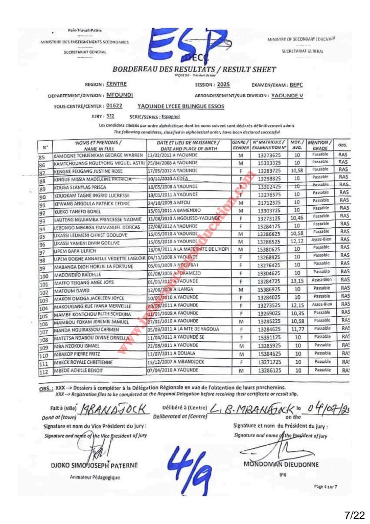 Résultat BEPC 2025 région du centre lycée bilingue d'ESSOS