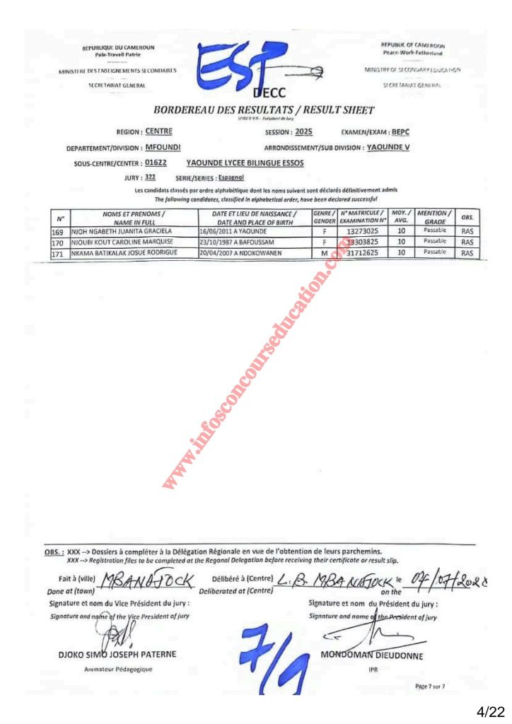 Résultat BEPC 2025 région du centre lycée bilingue d'ESSOS