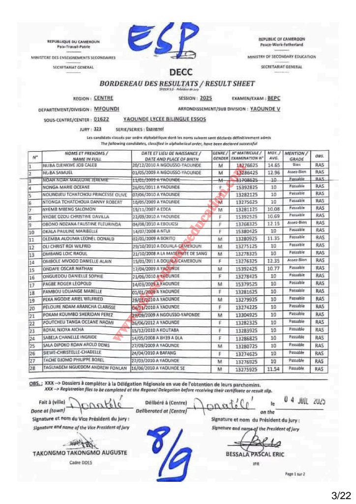 Résultat BEPC 2025 région du centre lycée bilingue d'ESSOS