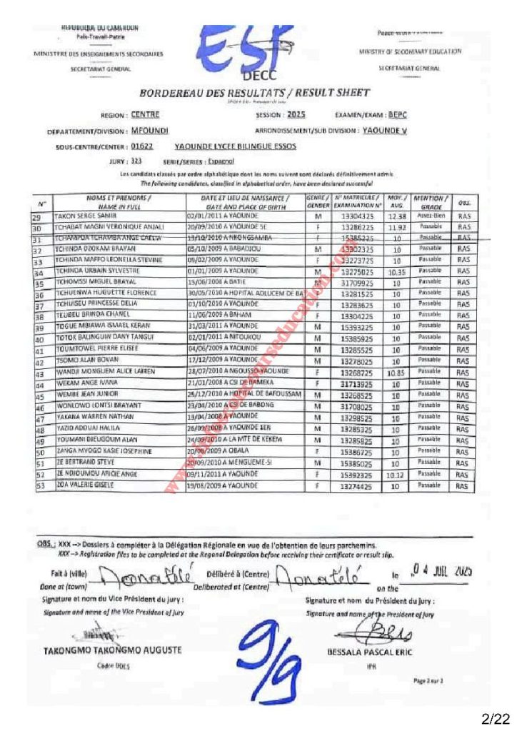 Résultat BEPC 2025 région du centre lycée bilingue d'ESSOS