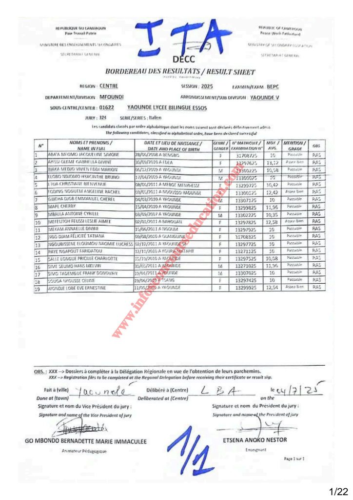 Résultat BEPC 2025 région du centre lycée bilingue d'ESSOS