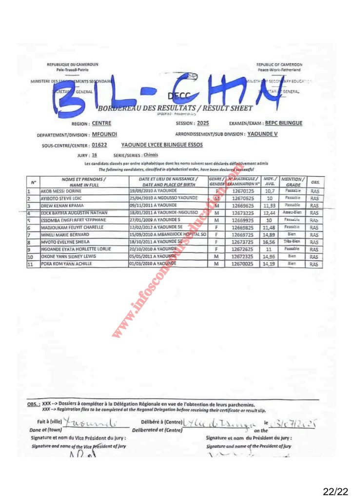 Résultat BEPC 2025 région du centre lycée bilingue d'ESSOS