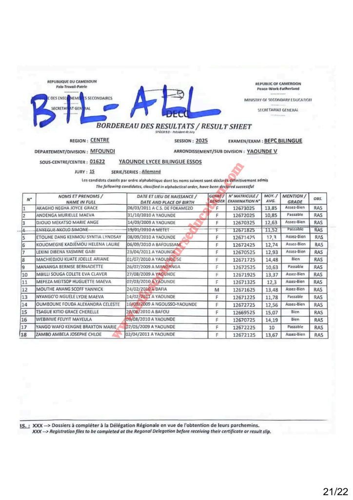 Résultat BEPC 2025 région du centre lycée bilingue d'ESSOS