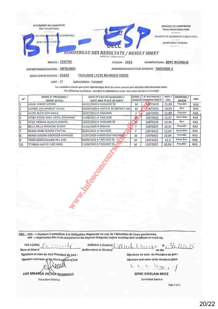 Résultat BEPC 2025 région du centre lycée bilingue d'ESSOS