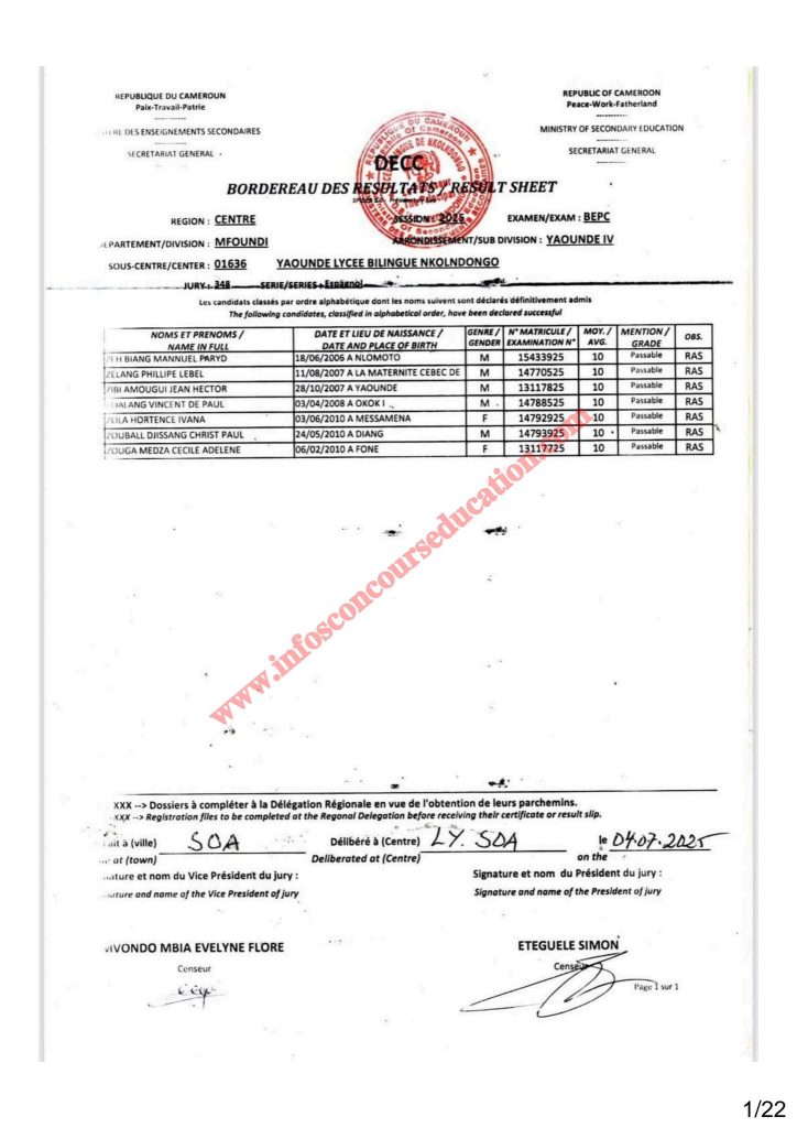 Résultat BEPC 2025 région du centre lycée bilingue de Nkolndongo 11 Résultat BEPC 2025 région du centre lycée bilingue de Nkolndongo