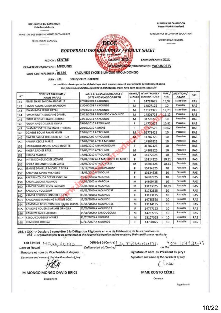 Résultat BEPC 2025 région du centre lycée bilingue de Nkolndongo 2 Résultat BEPC 2025 région du centre lycée bilingue de Nkolndongo