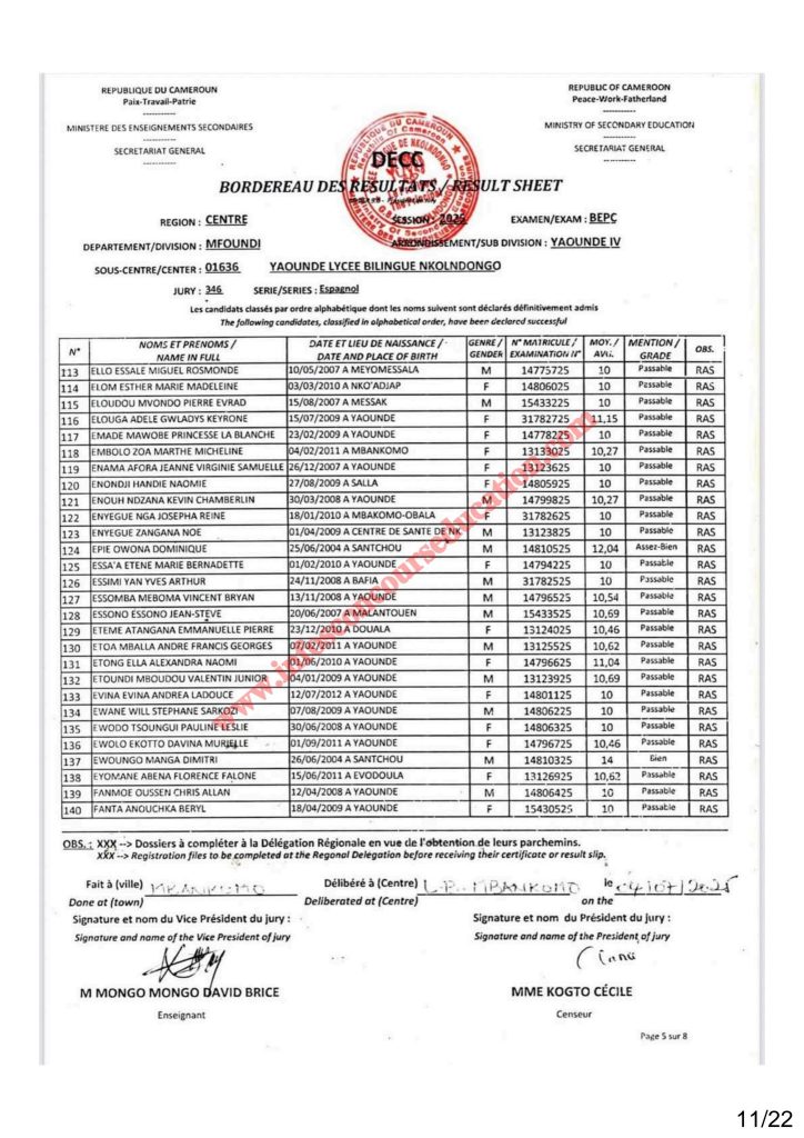 Résultat BEPC 2025 région du centre lycée bilingue de Nkolndongo 23 Résultat BEPC 2025 région du centre lycée bilingue de Nkolndongo